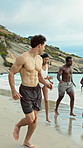 Running, friends and people on beach for holiday, travel adventure and tropical destination for getaway. Fun, bonding trip and group with happiness for island vacation, summer break and play in water