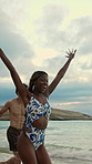 Running, friends and woman on beach for vacation, travel adventure and tropical destination for getaway. Sea, bonding trip or happy people with freedom for island holiday, summer break or fun in Bali