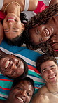 Face, friends and people at beach above for summer holiday, happiness and laugh together. Vacation, top view and funny group on towel with portrait, connection and peace sign for bonding outdoor