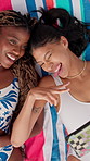 People, selfie and tongue out by beach with peace sign, bonding and social media for summer holiday. Above, friends and picture outdoor on towel with v gesture, smile and memories for vacation trip.