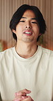 Happy, asian man and face with video call in home for introduction, online vlog or webinar. Portrait, male person or influencer talking with smile for live recording, streaming or discussion in house