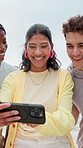Holiday, laughing and selfie with friends outdoor in nature together for adventure, bonding or break. App, memories and photograph with happy people on beach for profile picture or social media