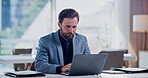 Business, man and typing on laptop in office for record keeping, internal auditing and payroll. Serious, accountant and tech at finance firm for tax preparation, compliance report and account review
