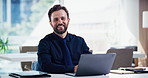 Happy, laptop and face of businessman in office with confidence for finance career growth. Smile, computer and portrait of financial manager with pride for company about us at workplace in Germany.