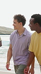 Happy, friends and walk by ocean with summer holiday, conversation and bonding together for weekend. People, smile and discussion on beach with travel adventure, tropical vacation or reunion outdoor.