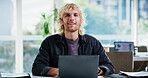 Face, smile and man with laptop in creative agency, programming career and gaming software engineer. Portrait, pc and video game designer with player behavior data for prototyping, research and pride