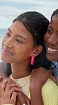 Hug, smile and thinking with friends on beach together for holiday, travel or vacation inspiration. Break, love and vision with happy women embracing outdoor in nature for bonding,  getaway or ideas