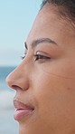 Thinking, peace or woman at beach with breathing, travel memory or mindfulness on summer break. Wind, reflection or tourist with fresh air, vacation mindset or calm perspective on ocean getaway.