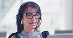 Headset, mature woman and technical support consultant in office with crm, communication or contact us. Mic, glasses and female customer service agent with call center consultation in workplace.
