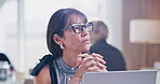 Thinking, laptop or woman in office with glasses, draft insight or story feedback for article. Tech, meeting or mature journalist with specs, column planning or research reflection for publication.