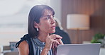 Thinking, review or journalist in office with laptop, draft insight or story feedback for article. Reflection, flare or mature woman with tech, column planning or web research for publication.