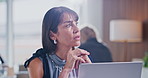 Thinking, review or woman in office with laptop, draft insight or story feedback for article. Reflection, meeting or mature journalist with tech, column planning or web research for publication.