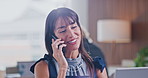 Phone call, laptop and businesswoman in office with communication for feedback on finance report. Cellphone, computer and financial manager on mobile discussion for advice on investment in workplace.