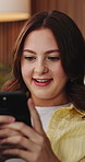 Typing, happy and woman on sofa with phone for online dating, social media and chat on weekend. Home, relax and person on smartphone for connection, communication and text message on mobile app