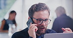 Phone call, laptop and businessman in office with contact for feedback on finance report. Cellphone, computer and financial manager on mobile discussion for advice on investment in workplace.