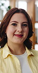 Face, relax and woman with smile in home for weekend break, peaceful morning and me time. Calm, person and happy in apartment with wellness, positive attitude and comfortable afternoon on day off