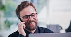 Phone call, happy and businessman with laptop in office with communication for feedback on finance report. Cellphone, computer and financial manager on mobile discussion for investment in workplace.