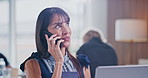 Phone call, computer and businesswoman in office with communication for feedback on finance report. Cellphone, laptop and financial manager on mobile discussion for advice on investment in workplace.