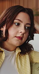 Home, thinking and woman with stress on sofa for regret, ponder and reflection of mistake. Mental health, person with depression and thoughtful in apartment with worry, pensive or doubt with decision