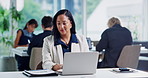 Business, woman or laptop with paperwork in office for record keeping, invoice review or coworking. Staff, accountant and tech with report to compare client info, audit compliance and risk assessment
