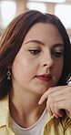 Crisis, thinking and woman with stress in home for regret, ponder or reflection of mistake. Mental health, person with depression or thoughtful in apartment with worry, pensive or doubt with decision