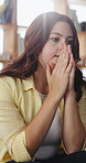 Nervous, thinking and girl with stress on sofa for university pressure, exam grade or scholarship risk. Home, student and worry for study feedback, flare and pensive for college results with concern