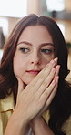 Nervous, thinking and woman with stress in home for regret, ponder and reflection of mistake. Mental health, person with depression and thoughtful on sofa with worry, pensive and doubt with decision