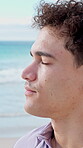 Thinking, peace or man at beach with fresh air, vacation memory or mindfulness on summer break. Reflection, tranquil or tourist with breathing, travel inspiration or calm perspective on ocean getaway