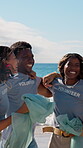 Celebrate, volunteer or people with trash bag at beach, plastic collection or environment sustainability. Seaside, community service or team with happiness for litter cleanup success, jump or friends