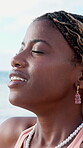 Thinking, peace or black woman at beach with fresh air, vacation memory or mindfulness on summer break. Tranquil, breathe or tourist with reflection, travel mindset or calm perspective on ocean trip.