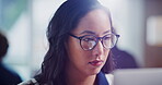 Reading, glasses or woman in office with laptop, draft edit or proposal review for article update. Tech, flare or journalist in newsroom with specs, web research or proofreading for publication.