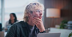 Thinking, glasses or man in office with laptop, draft insight or story feedback for article. Tech, meeting or mature journalist with specs, column planning or research reflection for publication.