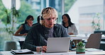 Headset, laptop and call center consultant in office with crm, communication or contact us. Advice, computer and male customer service agent with mic for technical support consultation in workplace.