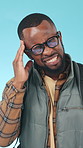 Hiking, headache and black man in studio with pain, medical problem or fatigue from travel adventure. Frustrated, person or tourist with migraine, backpack or vertigo from trekking on blue background