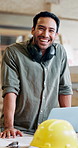Happy, laptop and face of carpenter in workshop with online order for furniture manufacturing. Smile, professional and portrait of male woodworker with computer for industrial website in factory.