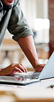 Carpenter, laptop and man in factory, typing and email for online order, internet and manufacturing. Person, business owner and employee in workshop, computer and stock update for timber logistics