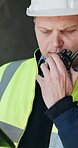Tablet, man and construction worker with radio for contact, renovation site and building instructions. Talk, tech and person with property development update, infrastructure or check maintenance plan
