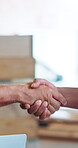 Carpentry, laptop or hands in warehouse with handshake, greeting or collaboration in DIY project. Networking, people or carpenters with tech, contractor agreement or introduction in partnership deal.