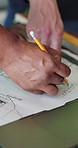 Hands, engineer and writing with team for blueprint, review or real estate development. Person, architecture and point for drawing, floor plant or feedback for property expansion at construction site