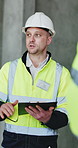 Architecture, conversation and man with clipboard, construction site for building project and safety. Talking, person and employee with documents for renovation schedule and checklist for inspection