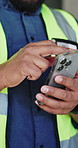 Engineering, hands and man with smartphone, typing for texting and digital app for blueprints. Person, employee and professional with cellphone, internet and email for renovation schedule and network