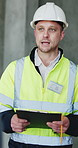 Engineering, talking and man with clipboard, construction site for building project and feedback. Contractor, person or architecture with documents for renovation schedule or checklist for inspection