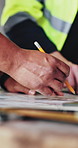 Hands, architect and writing with team for floor plan, review and real estate development. Person, engineer and meeting with drawing, notes or feedback for property expansion at construction site