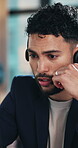 Call center, help or man in agency with headset, contact us or investment advice in crm service. Assistance, tech or finance consultant in office with mic, online banking or feedback in loan support.
