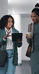 Media agency, tablet and women in office, talking and digital app for online news report. Planning, journalist and people in workplace, discussion and tech for submission and research for article