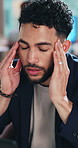 Creative agency, headache and man in office, pain and overworked with burnout, tired and fatigue. Person, employee and journalist in workplace, migraine and pressure for deadline, mistake and stress