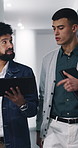 Media agency, tablet and men in office, discussion and digital app for online news report. Planning, journalist and people in workplace, conversation and tech for submission and research for article
