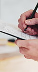 Hands, engineer and writing with clipboard at construction site, review or real estate development. Person, architect and checklist for inspection, feedback and notes for property expansion project