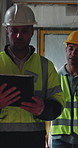 Architecture, conversation and men with tablet, construction site for building project and safety. Talking, tech or people with digital app for renovation schedule and online checklist for inspection