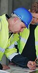 Reading, speaking and people with blueprint for architecture, property development and building idea. Renovation project, men or team on construction site for floor plan review, talk or design update